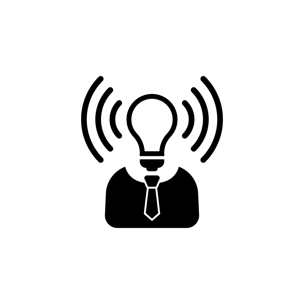 Humanoid figure with lightbulb radiating a signal.