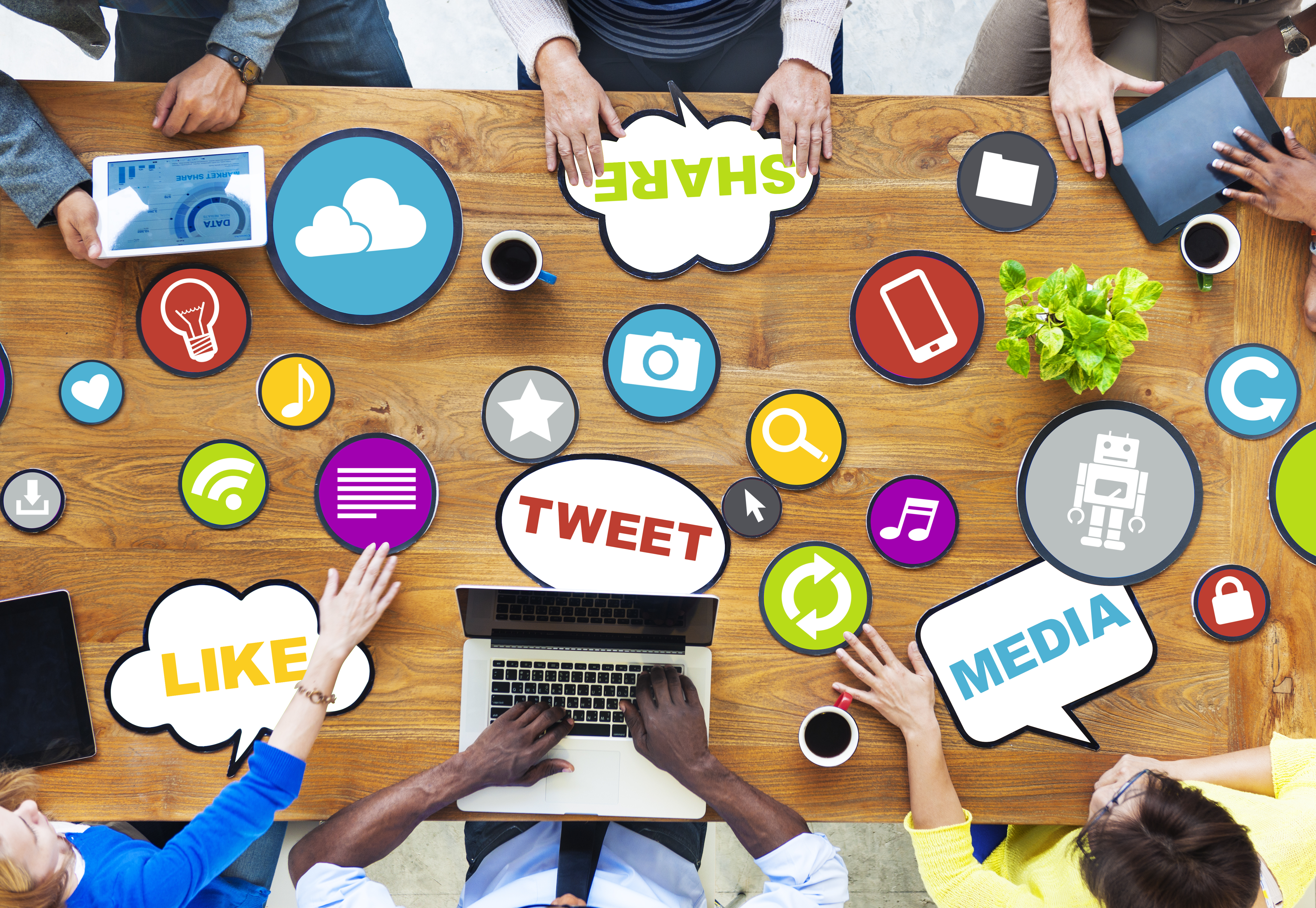 Table with social media logos and language.
